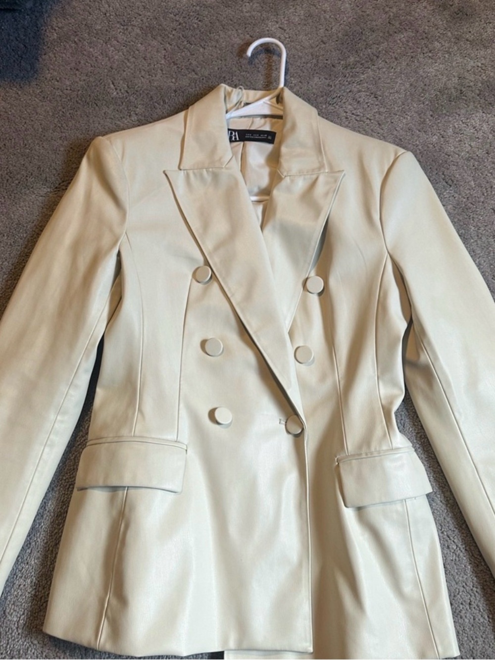 Zara Cream Double-Breasted Faux Leather Blazer Jacket